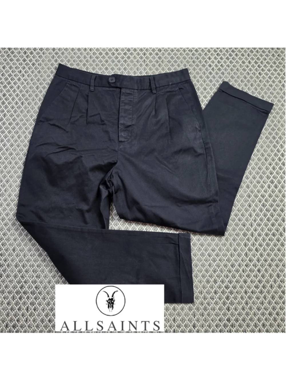 AllSaints Men’s 32 Black Pleated Chino Pants Button Fly Straight Leg Trousers